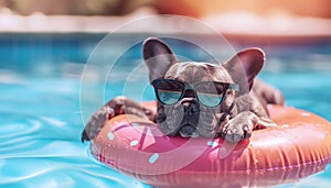French Bulldog in fency sunglasses floating in swimming pool in Inflatable ring during summer extremely hot heats temperatures.