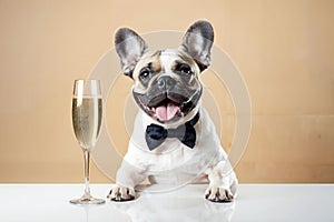 French bulldog with a glass of champagne on beige background