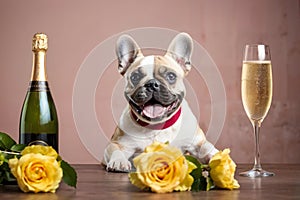 French bulldog with a glass of champagne on beige background