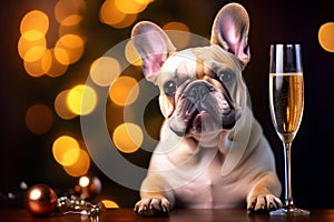 French bulldog with a glass of champagne celebrating the new year.