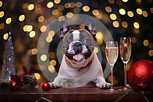 French bulldog with a glass of champagne celebrating the new year.