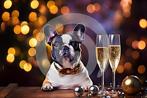 French bulldog with a glass of champagne celebrating the new year.