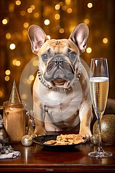 A French bulldog with a glass of champagne celebrating the new year. Holiday decorated, Christmas lights on background.