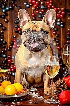 A French bulldog with a glass of champagne celebrating the new year. Holiday decorations in the background.