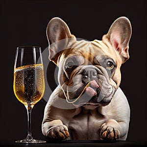 French bulldog with a glass of champagne. Generative Ai