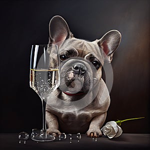 French bulldog with a glass of champagne. Generative Ai