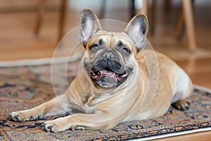french bulldog with a happy snort, lying on a soft rug photo