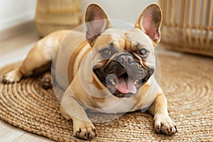 french bulldog with a happy snort, lying on a soft rug photo