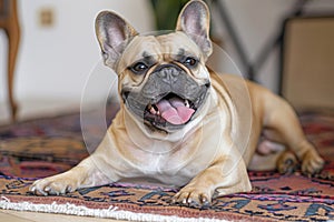 french bulldog with a happy snort, lying on a soft rug photo