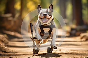 French Bulldog in a harness wheelchair on a forest trail. Concept of animal mobility, adaptive pet equipment, and