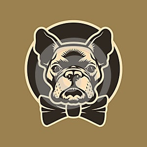 French bulldog head with bow-tie in circle