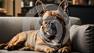 French bulldog with headphones on a sofa