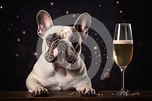 French Bulldog holding champagne glass in his hand. generative AI.