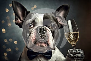 French bulldog holding a glass of champagne. Generative Ai