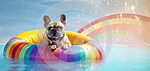 French bulldog inside a rainbow inflatable swimming pool ring in swiming pool. Horizontal banner. The concept of a summer holiday