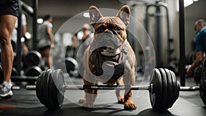 French bulldog lifting weights in gym