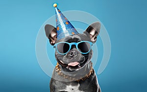 French Bulldog in Party Hatand Sunglasses over blue background