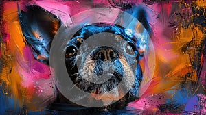 A French Bulldog with perky ears and big eyes stares at the camera with a colorful abstract background