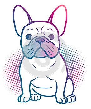 French bulldog pop art style illustration in bright neon rainbow colors, with halftone dot background, isolated on white. Dogs,
