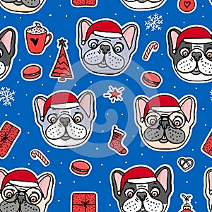 French bulldog puppies hand drawn characters. Seamless pattern Dogs in Christmas red hats. Vector Illustration holiday