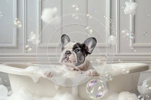 French Bulldog puppy enjoys a bubble bath. Generative Ai