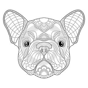 French bulldog puppy head zentangle stylized, vector, illustration, freehand pencil, pattern. Zen art. Black and white