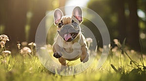 French bulldog puppy running in the grass on a sunny summer day Generative AI