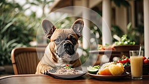 French bulldog puppy sitting in a resort cafe