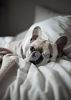 French Bulldog Sleeping on White Sheets. Generative AI