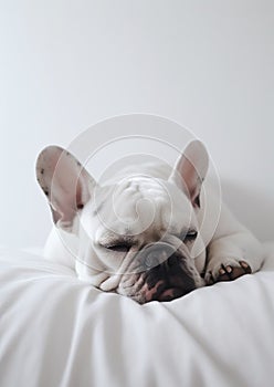 French Bulldog Sleeping on White Sheets. Generative AI