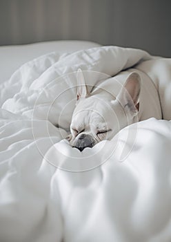 French Bulldog Sleeping on White Sheets. Generative AI