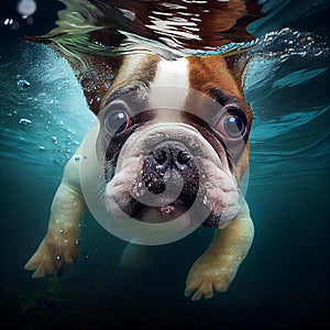 French bulldog swimming underwater, cut dog diving in a pool, active animal, generative AI