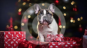 French bulldog under the Christmas tree surrounded by gifts, decorations and Christmas lights