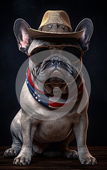 French Bulldog wearing sunglasses, hat and scarf in colors of american flag. 4th of July, independence day concept. Generative Ai