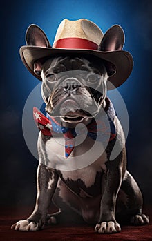 French Bulldog wearing sunglasses, hat and scarf in colors of american flag. 4th of July, independence day concept. Generative Ai