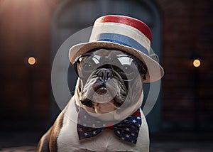 French Bulldog wearing sunglasses, top hat and bowtie in colors of american flag. Independence day, 4th of July celebration.