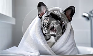 A French bulldog wrapped in a terry towel in the bathroom after bathing. Spa, dog hair salon, grooming. A dog taking a