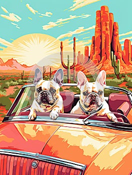 French Bulldogs riding in 1960 convertible Cadillac desert scenery Las Vegas Generative AI
