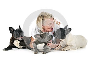 French bulldogs and woman