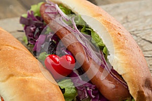 French bun hotdog with sausage and onion chips