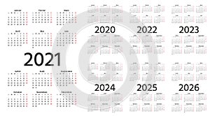 French Calendar 2021 2022 2023 2024 2025 2026 2020 years. Vector illustration. Template planner