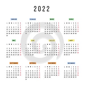 French calendar 2022 year. Vector stationery square calendar week starts Monday. Yearly organizer. Simple calendar