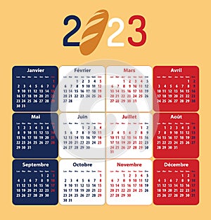 French calendar for 2023. Bread baton