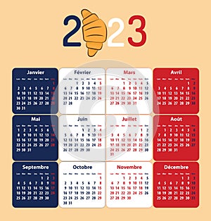 French calendar for 2023. Croissant paistry