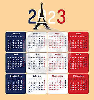 French calendar for 2023. Eifel tower