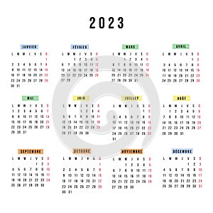 French calendar 2023 year. Vector stationery square calendar week starts Monday. Yearly organizer. Simple calendar