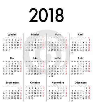 French Calendar grid for 2018. MF