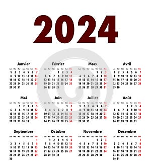 French Calendar grid bold digits for 2024. MF