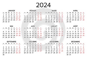 2024 french calendar. Printable, editable vector illustration for France. 12 months year calendrier photo