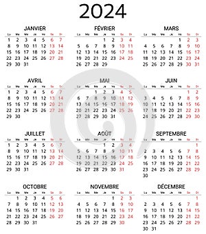 2024 french calendar. Printable, editable vector illustration for France. 12 months year calendrier photo